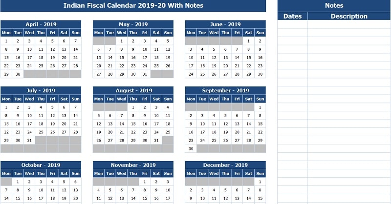 Download Indian Fiscal Calendar 201920 With Notes Excel Template