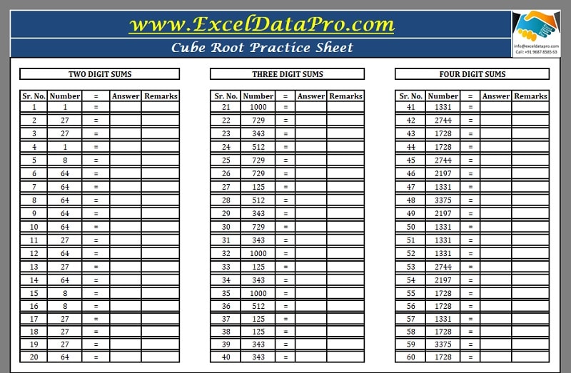 Download Cube Root Practice Sheet Excel Template ExcelDataPro