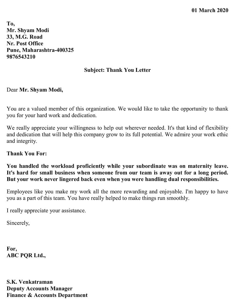 Sample Internship Thank You Letter