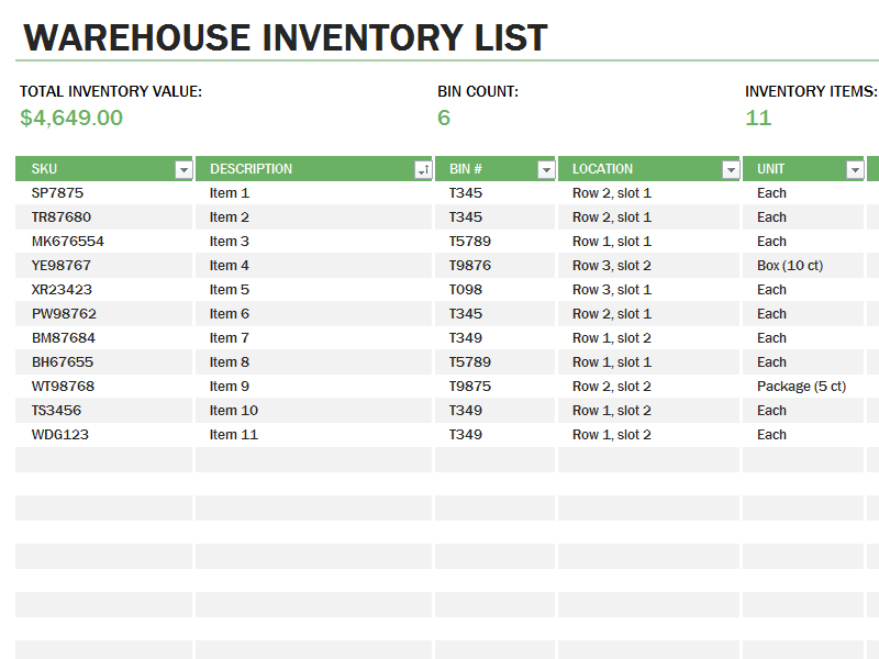 Download Warehouse Inventory Excel Spreadsheet Sample