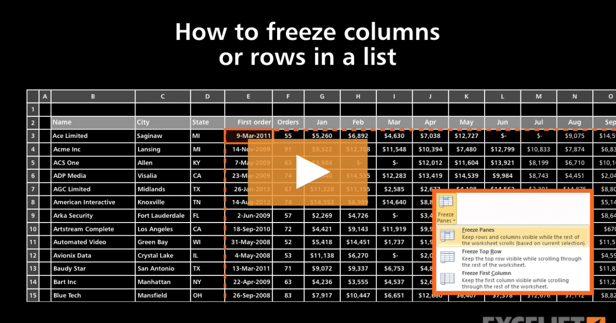 How to freeze columns or rows in a list (video) Exceljet