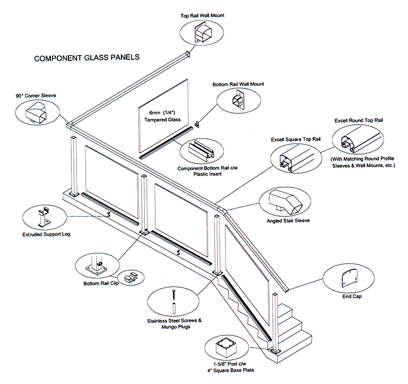 Excell Aluminum and Tempered Glass Railing System Schematic Drawing
