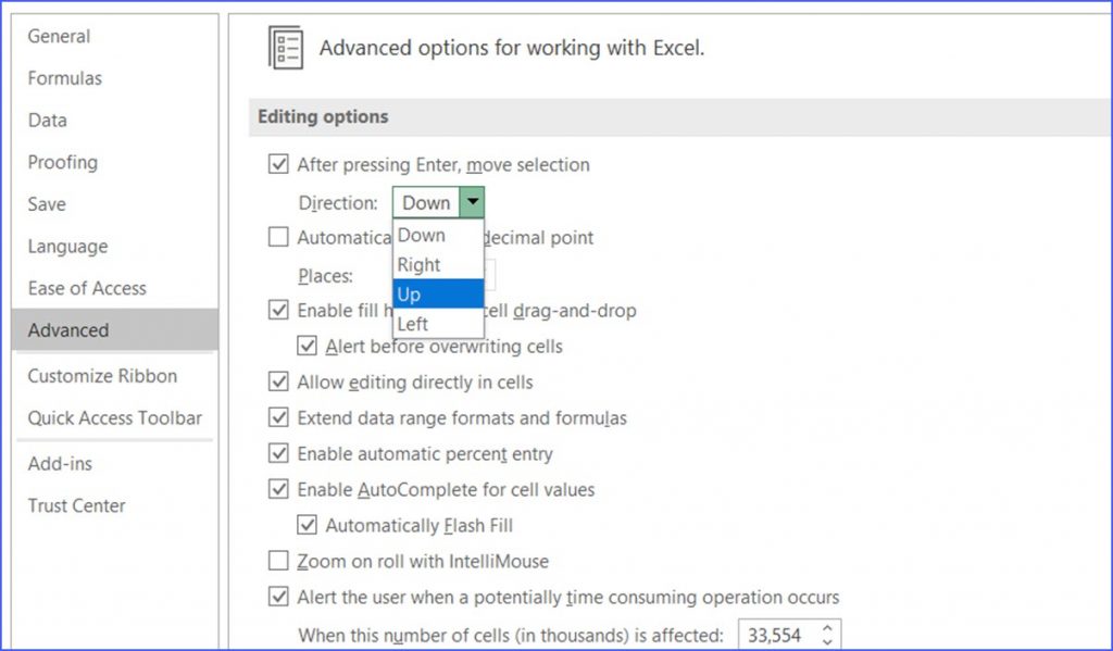 How to Setup Moving Cursor to the Cell Up When Pressing Enter ExcelNotes