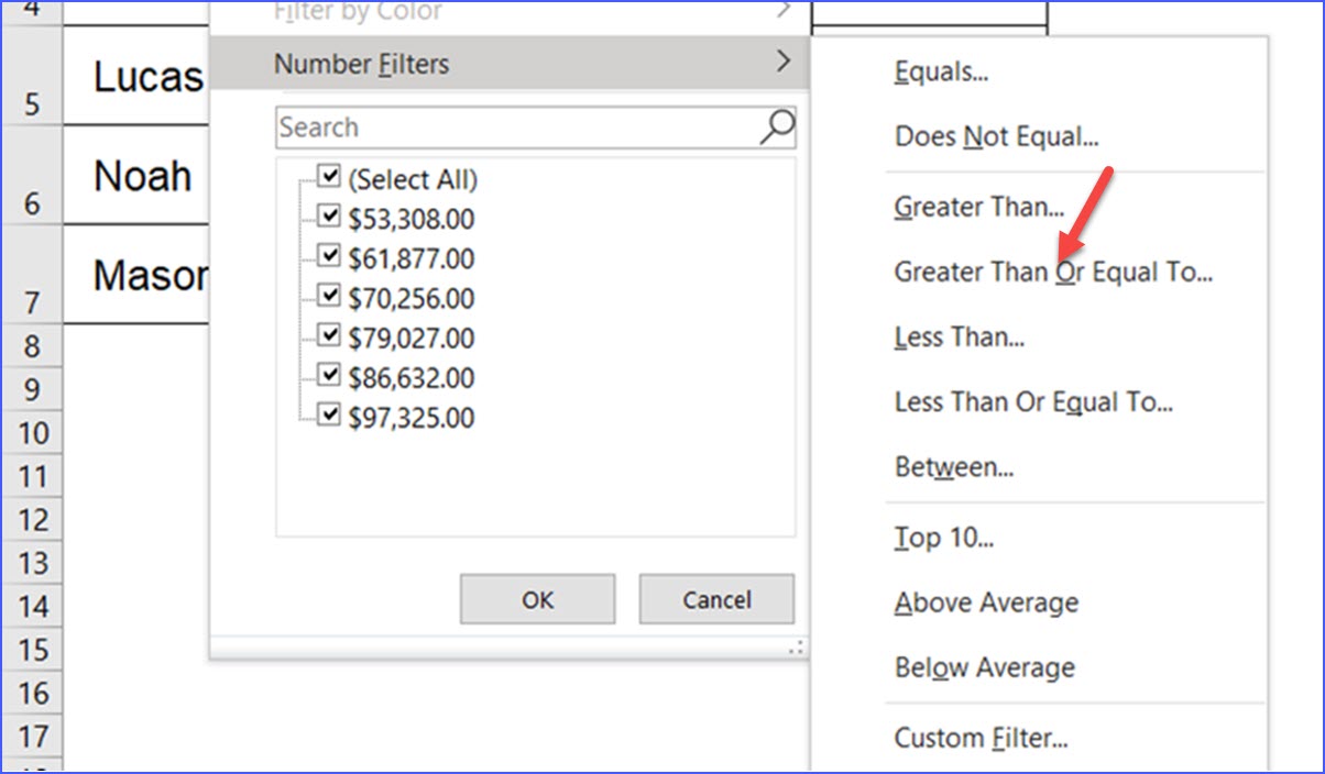 How to Filter a Data Range to Have Values Great than or Equals to a