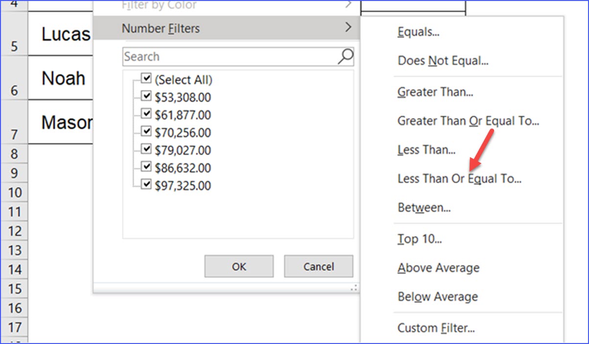 How to Filter a Data Range to Have Values Less than or Equals to a