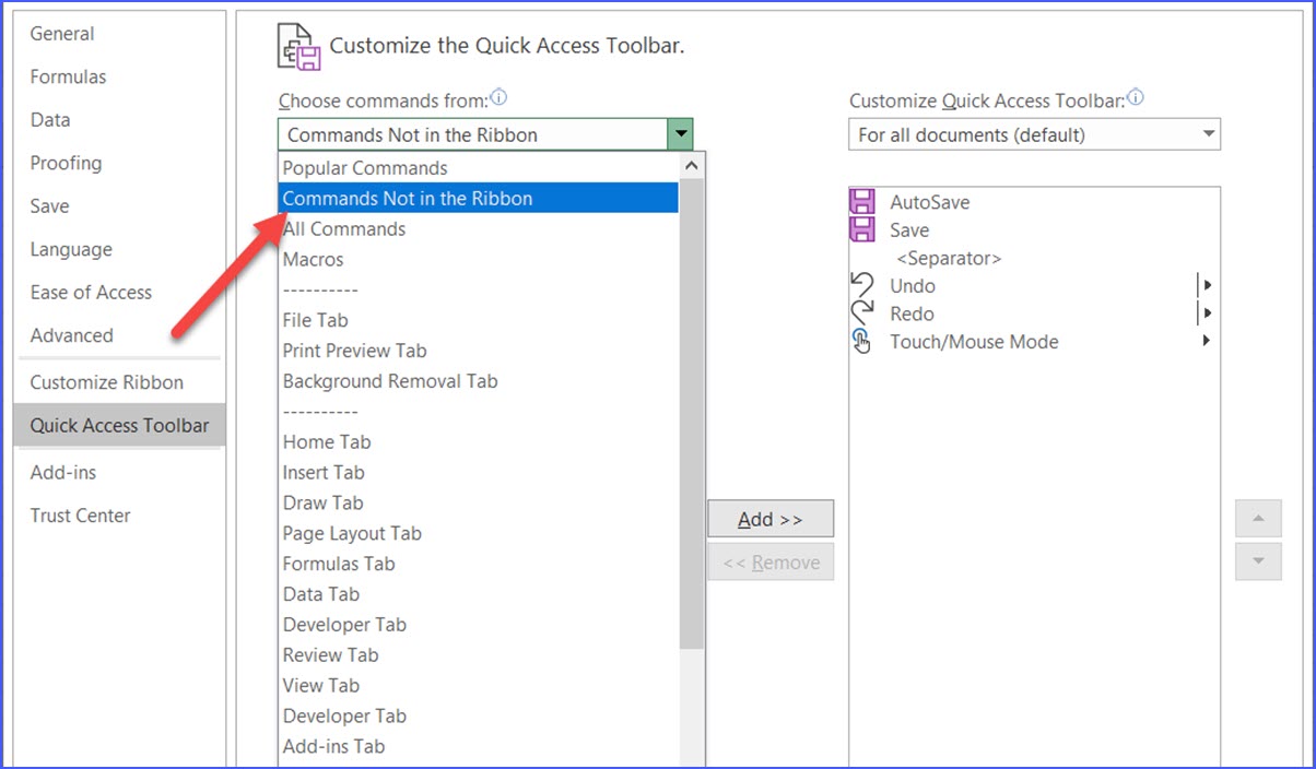 How to Add a Command to Quick Access Toolbar Not in the Ribbon - ExcelNotes