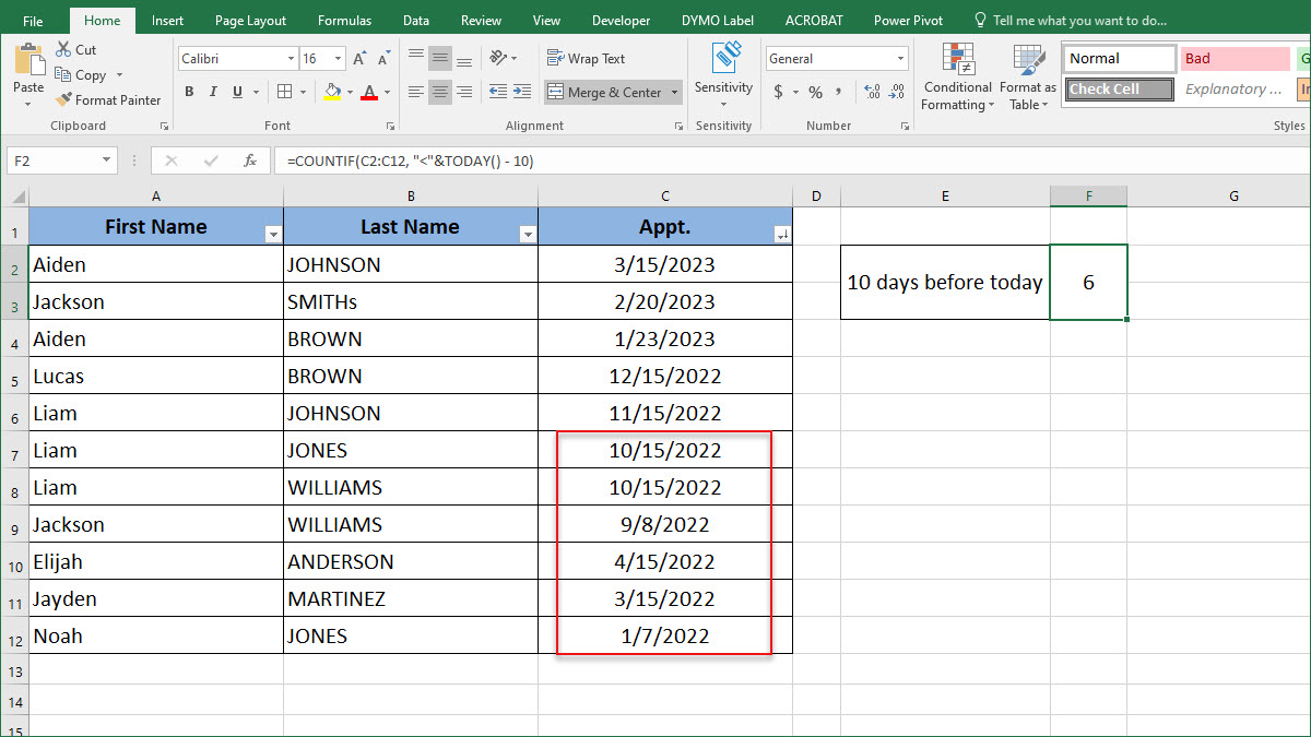 How to Count Cells 10 Days Before Today ExcelNotes