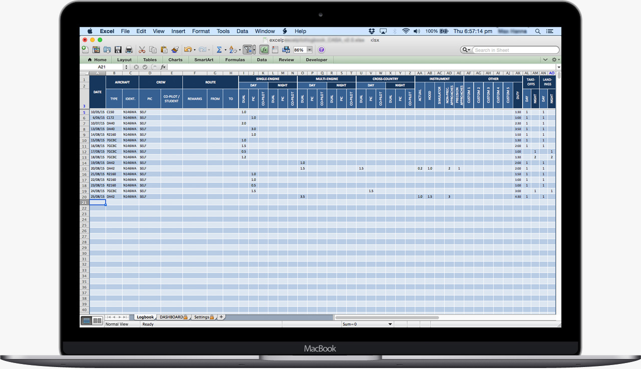 Canada Pilot Logbook CA Excel Pilot Logbook
