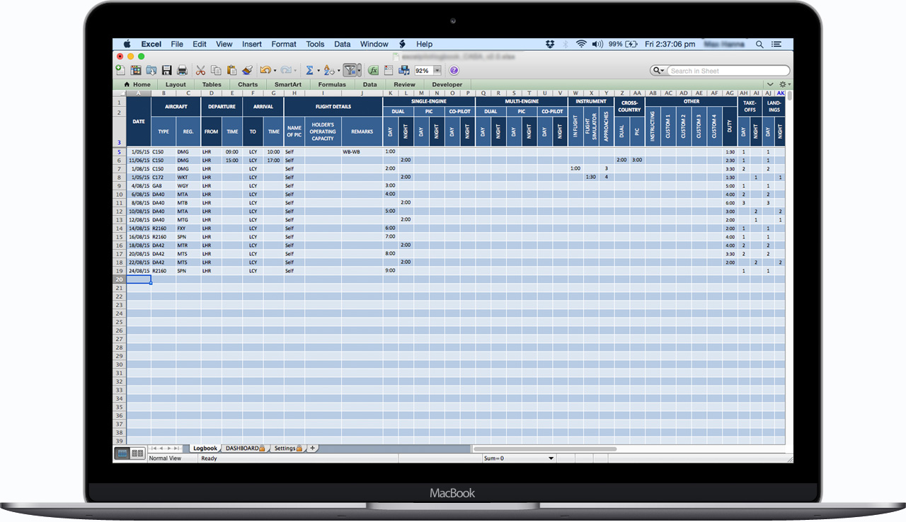 EASA Europe Pilot Logbook EU Excel Pilot Logbook