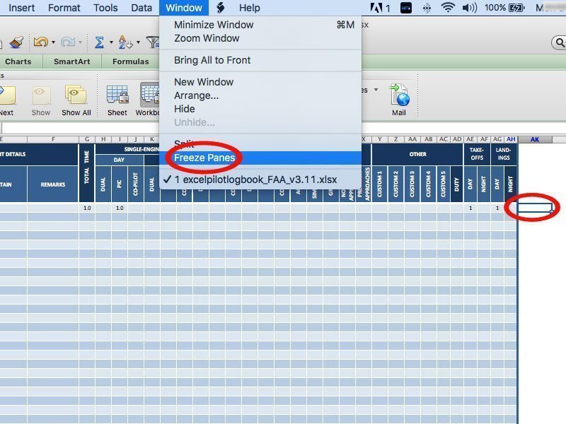 Freeze Logbook Headings Excel Pilot Logbook