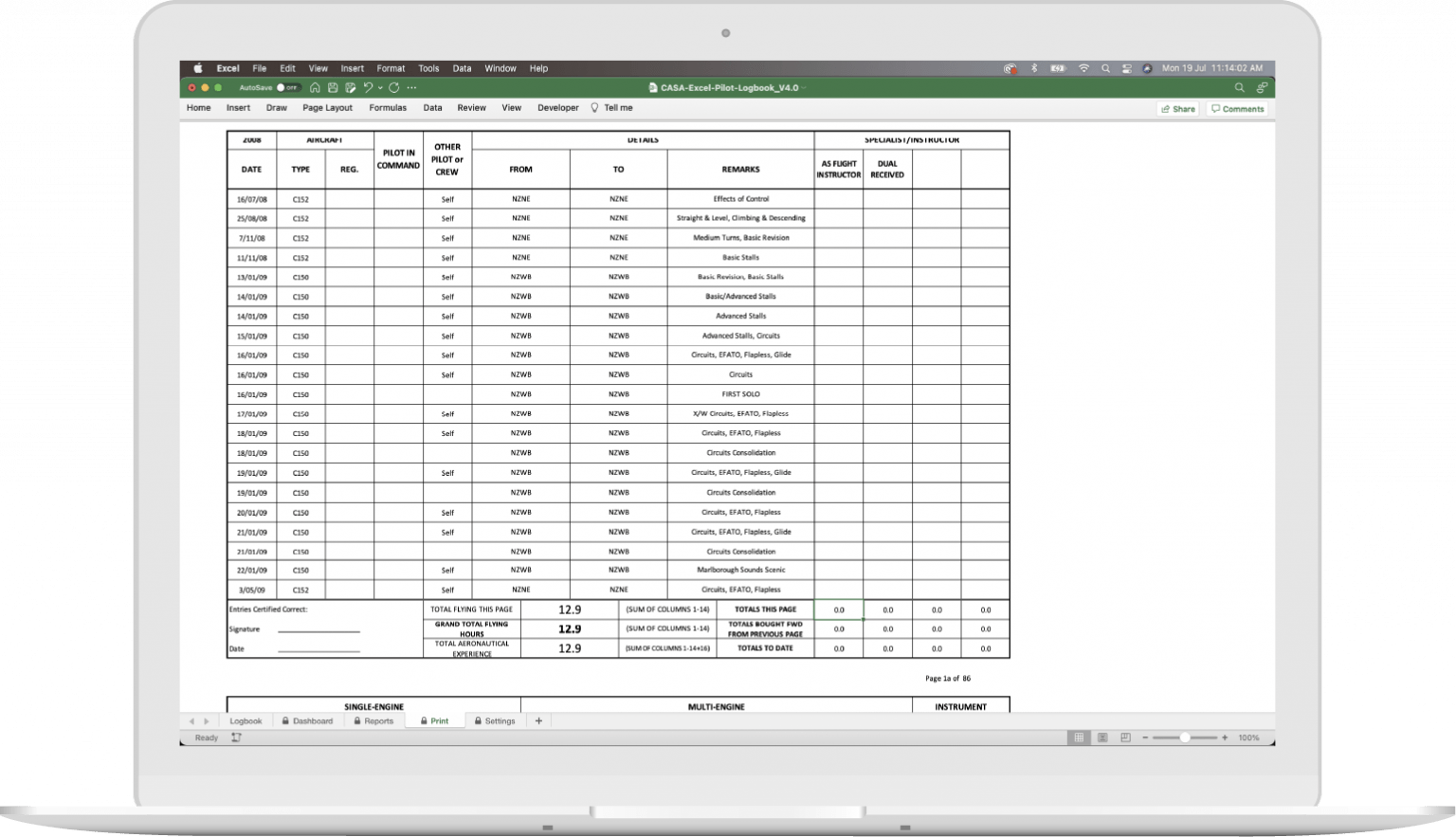 CASA Australia Pilot Logbook spreadsheet AU Excel