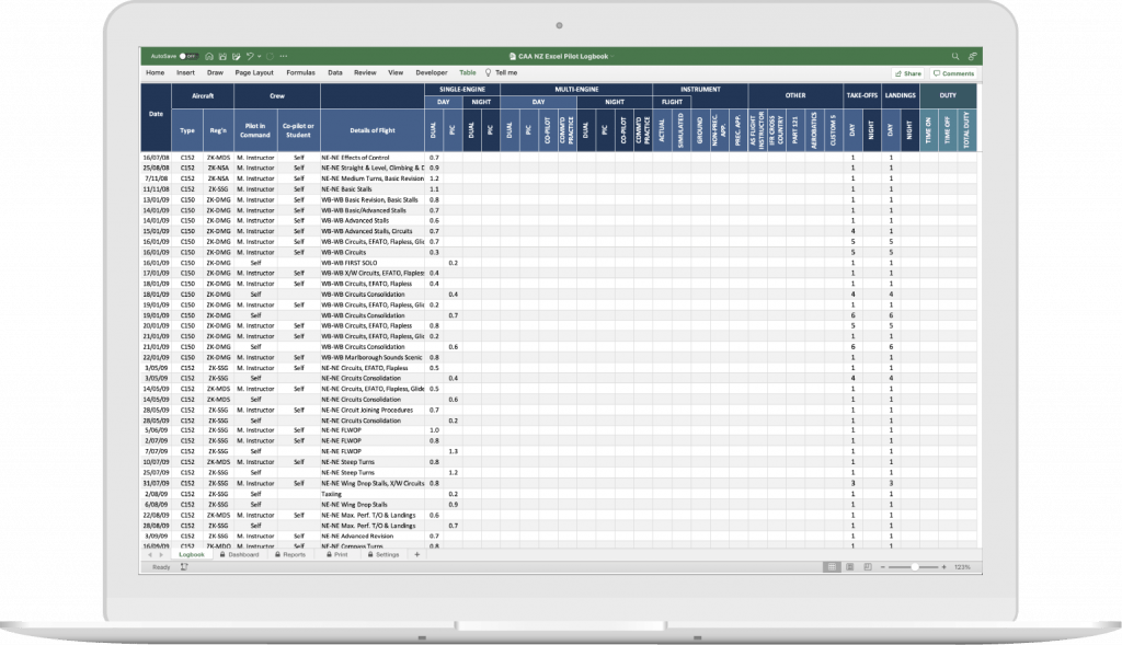 CAA NZ Pilot Logbook Spreadsheet NZ Excel Pilot Logbook®