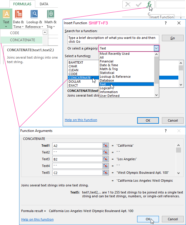 CONCATENATE function and Opposite of concatenate in Excel