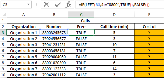 Examples of formulas with logical functions TRUE FALSE and NOT in Excel