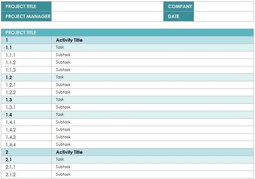WBS Project Management Template XLS Excel TMP