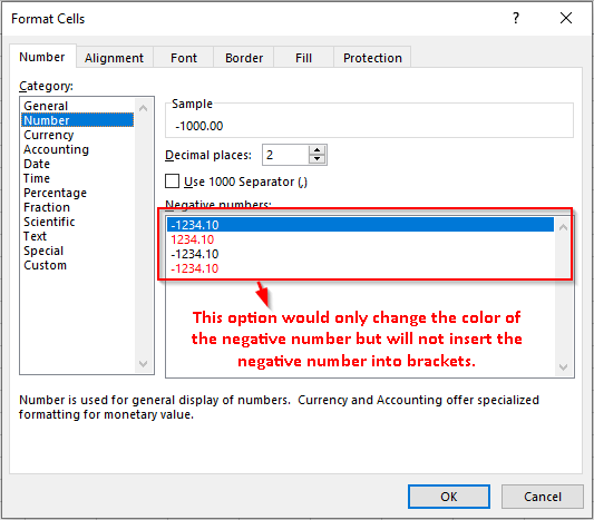 Show Negative Numbers in Bracket and in Red Color Excel