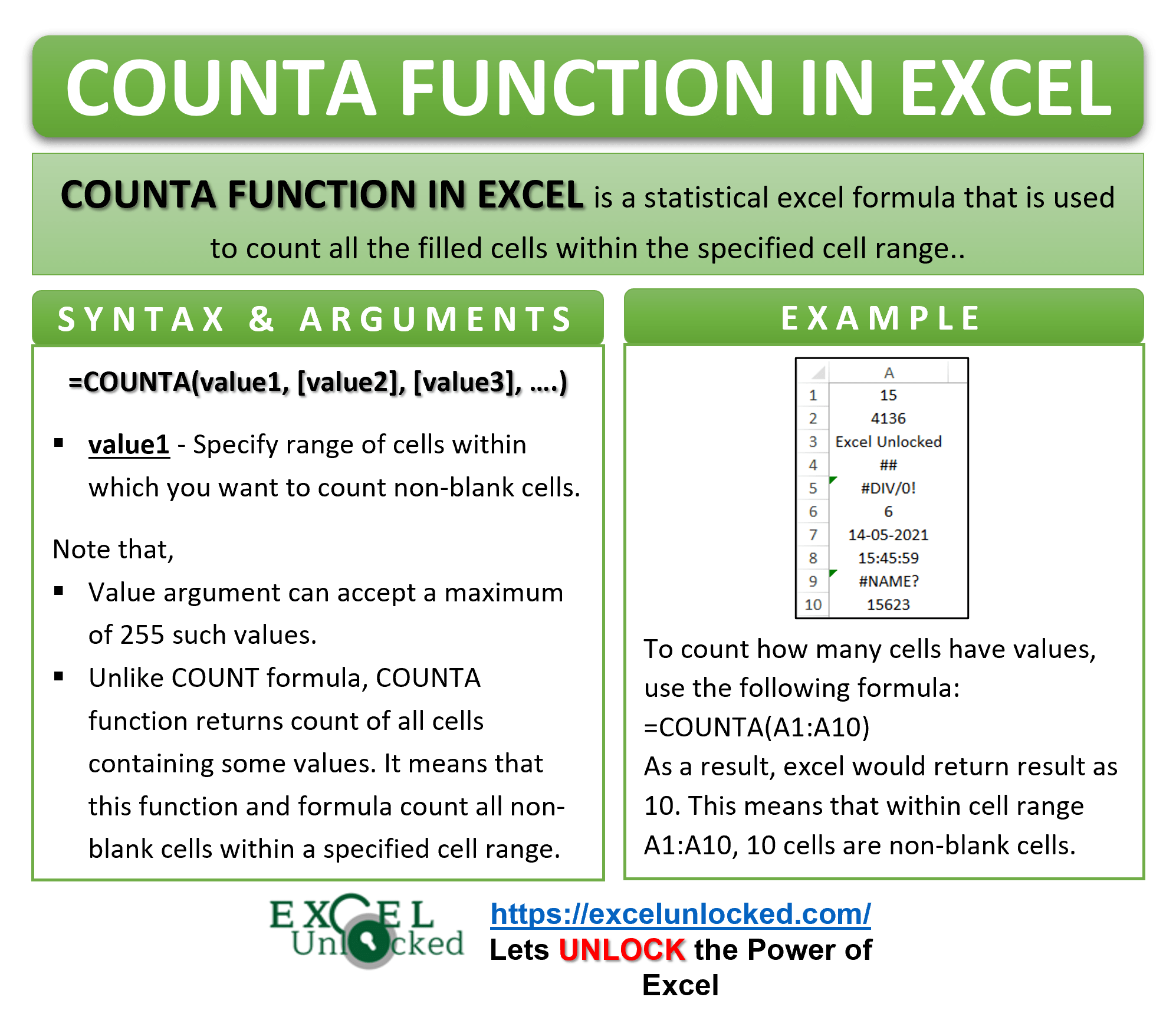 Excel COUNTA Function Count Cells Containing Values Excel Unlocked