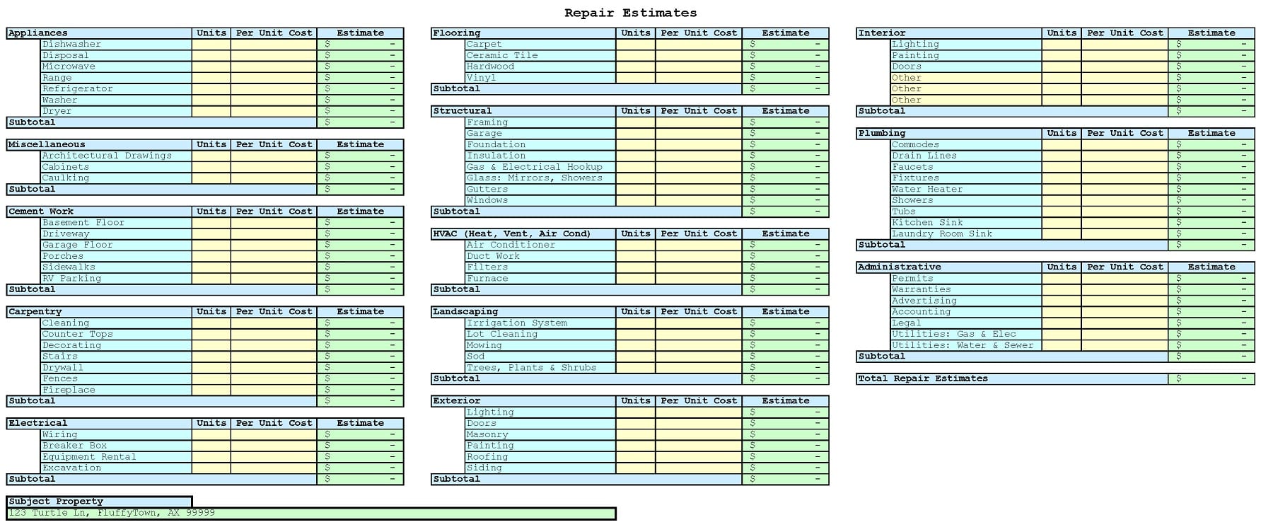 free building estimate format in excel —