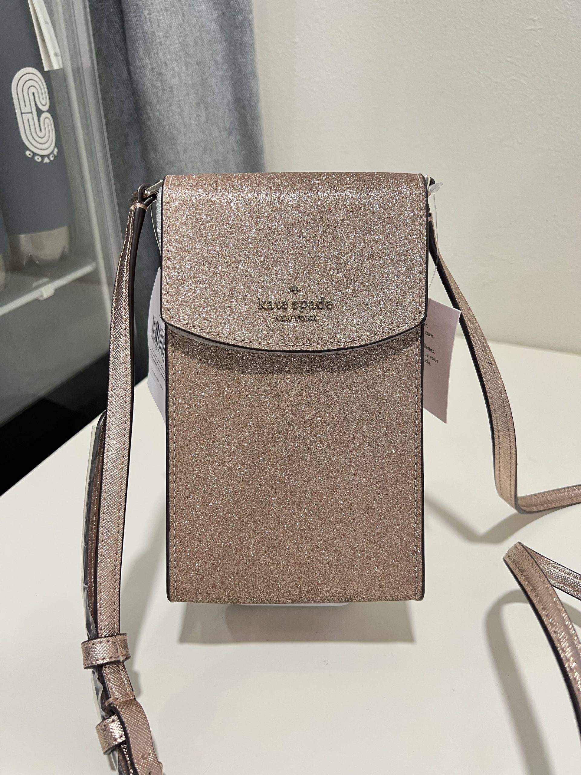 Kate Spade Tinsel Glitter North South Flap Phone Crossbody in Rose Gold