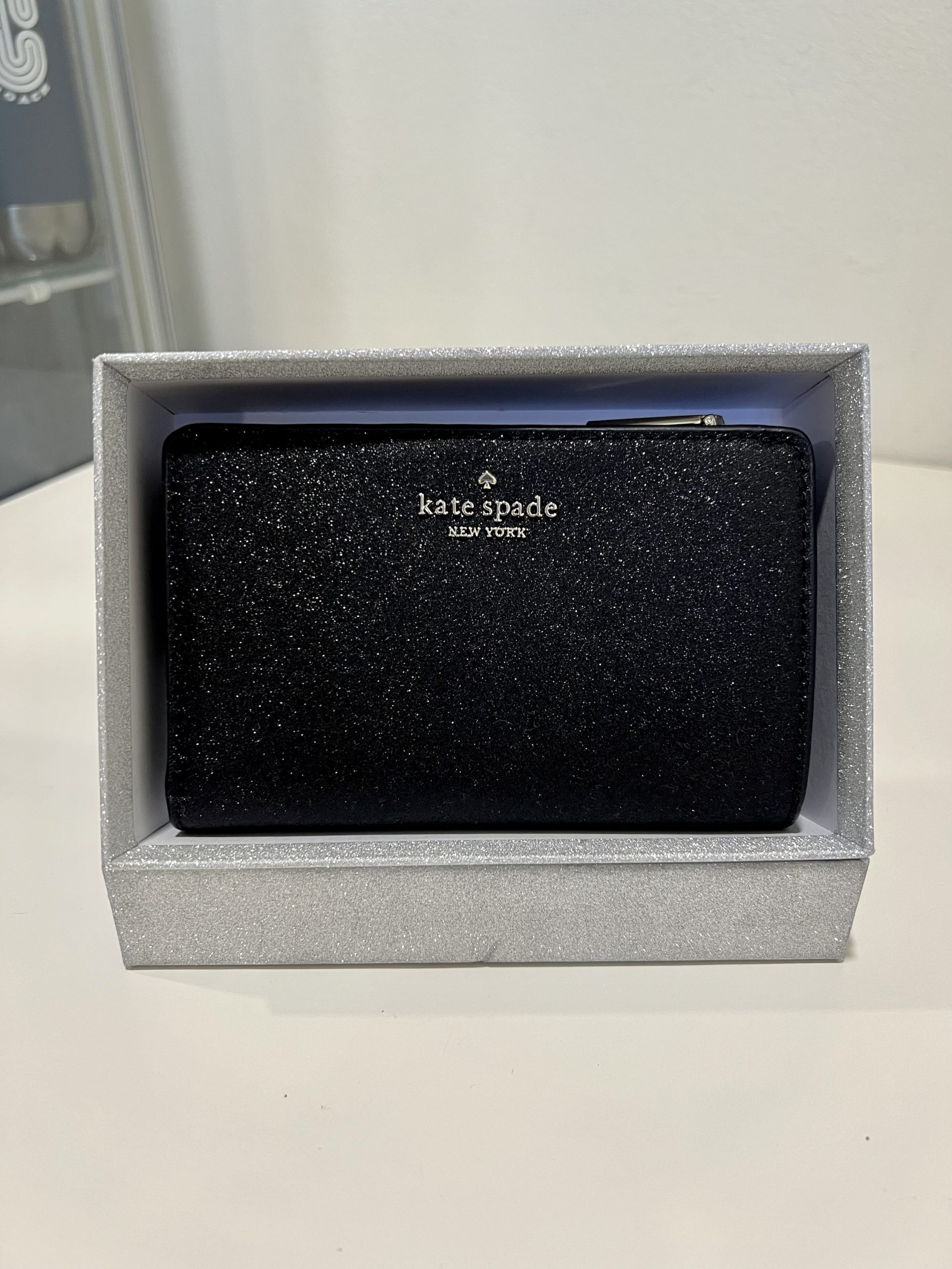 Kate Spade Tinsel Glitter Boxed Medium Compact Bifold Wallet in Black