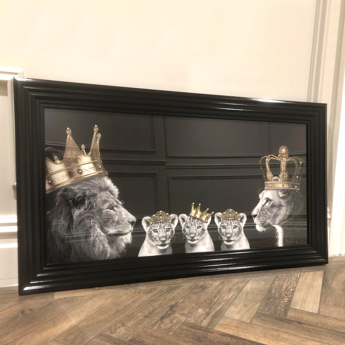 Lion family of 5 With Gold Crowns Framed Liquid Wall Art Mirrors