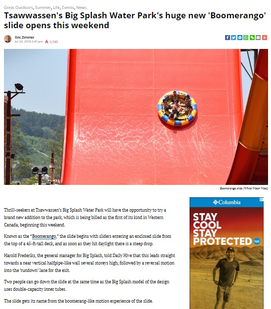 Tsawwassen’s Big Splash Water Park’s huge new ‘Boomerango’ slide opens