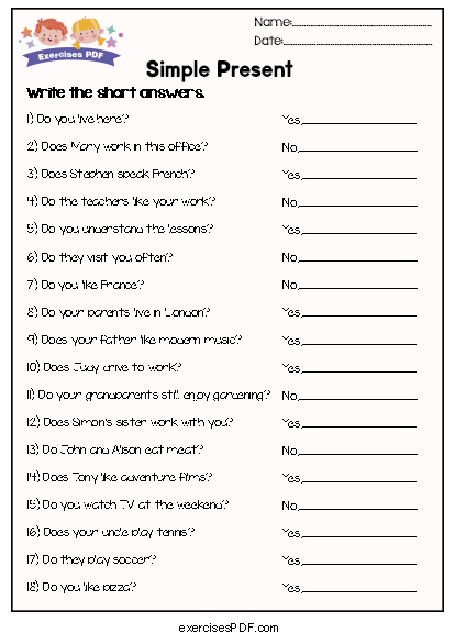 Write the short answers - Simple Present - Exercises PDF