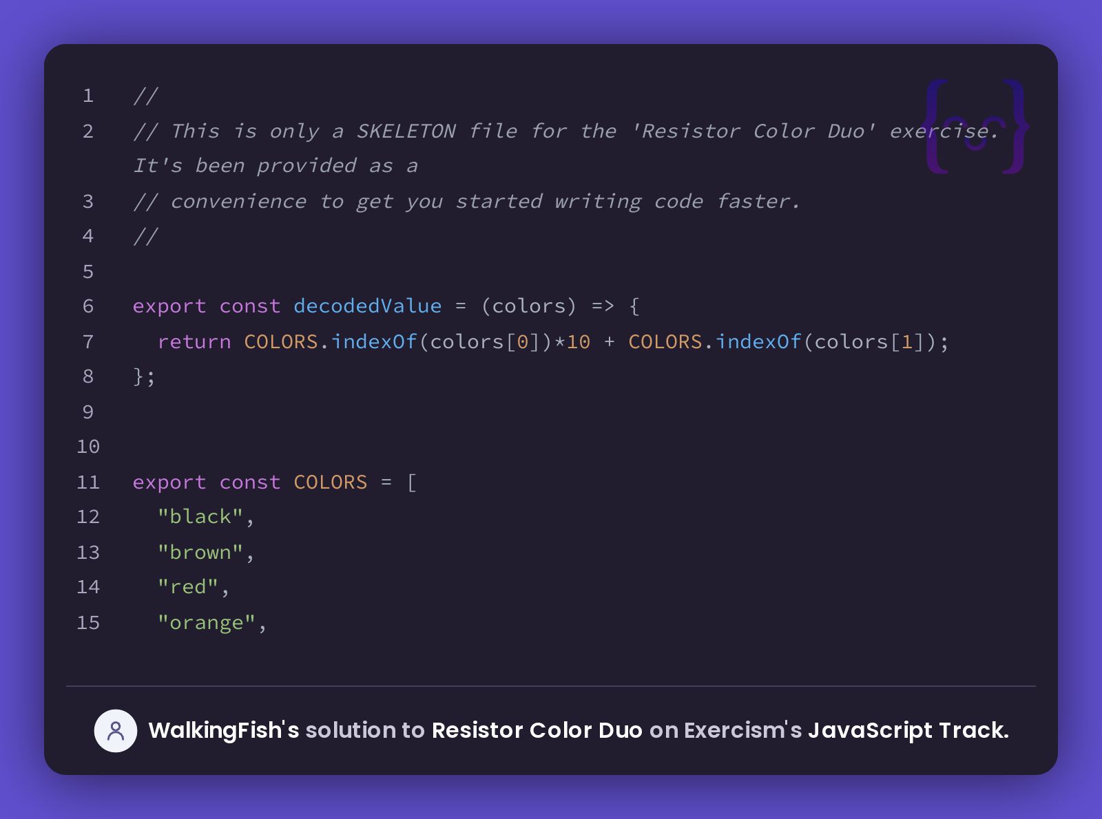 WalkingFish's solution for Resistor Color Duo in JavaScript on Exercism