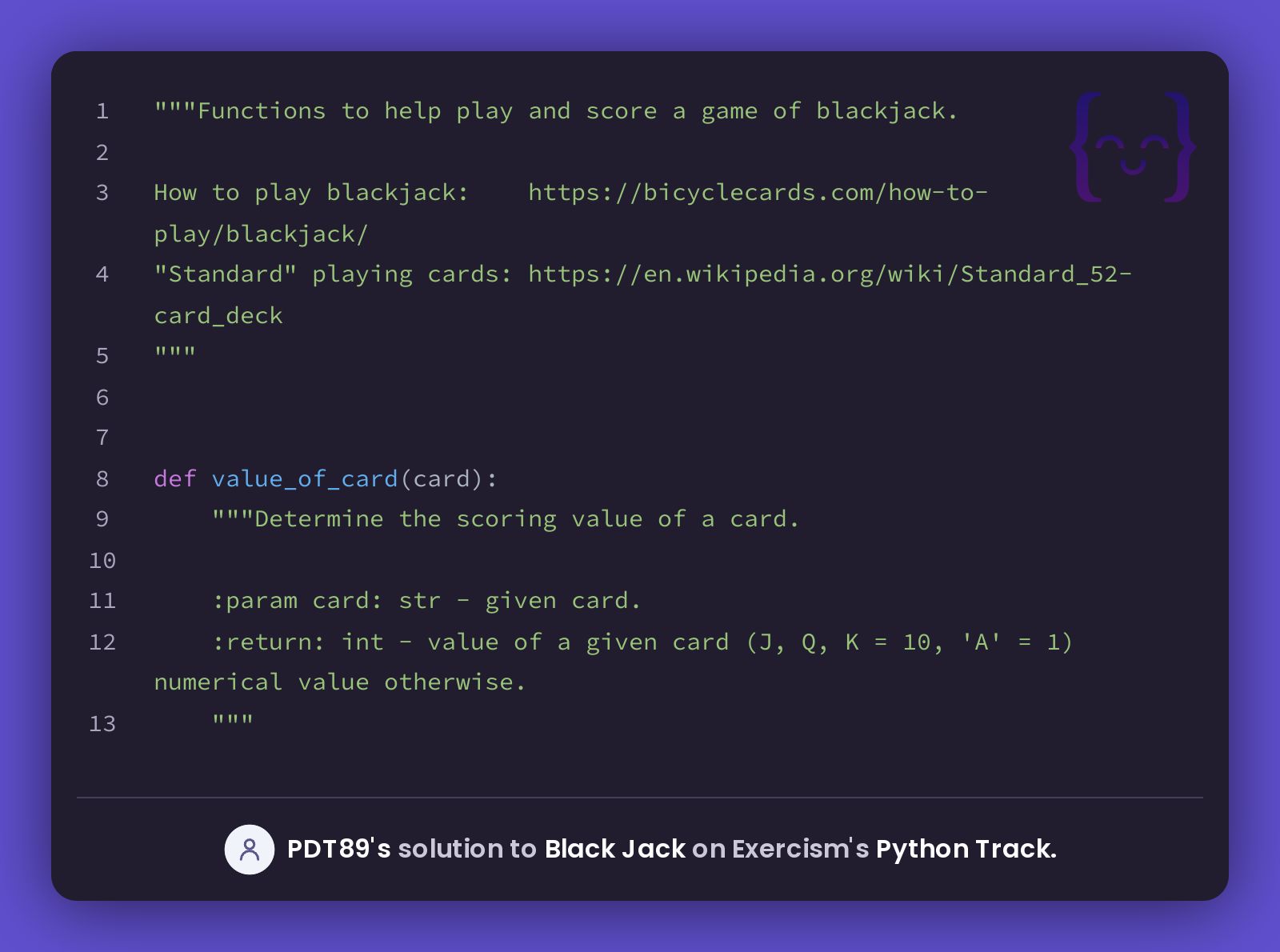 PDT89's solution for Black Jack in Python on Exercism