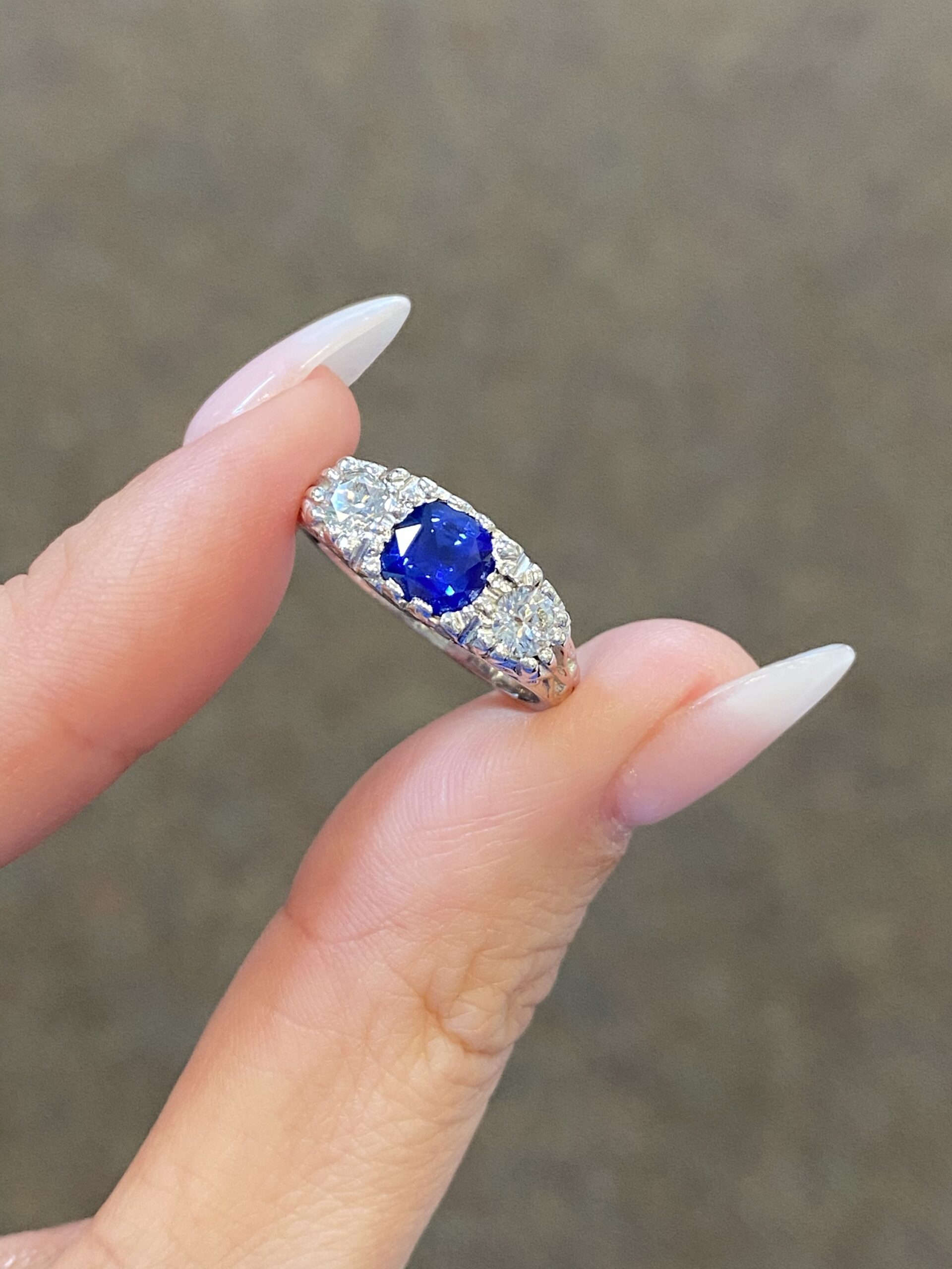 Custom Made 14k White Gold Genuine Ceylon Sapphire & Diamond 3 Stone