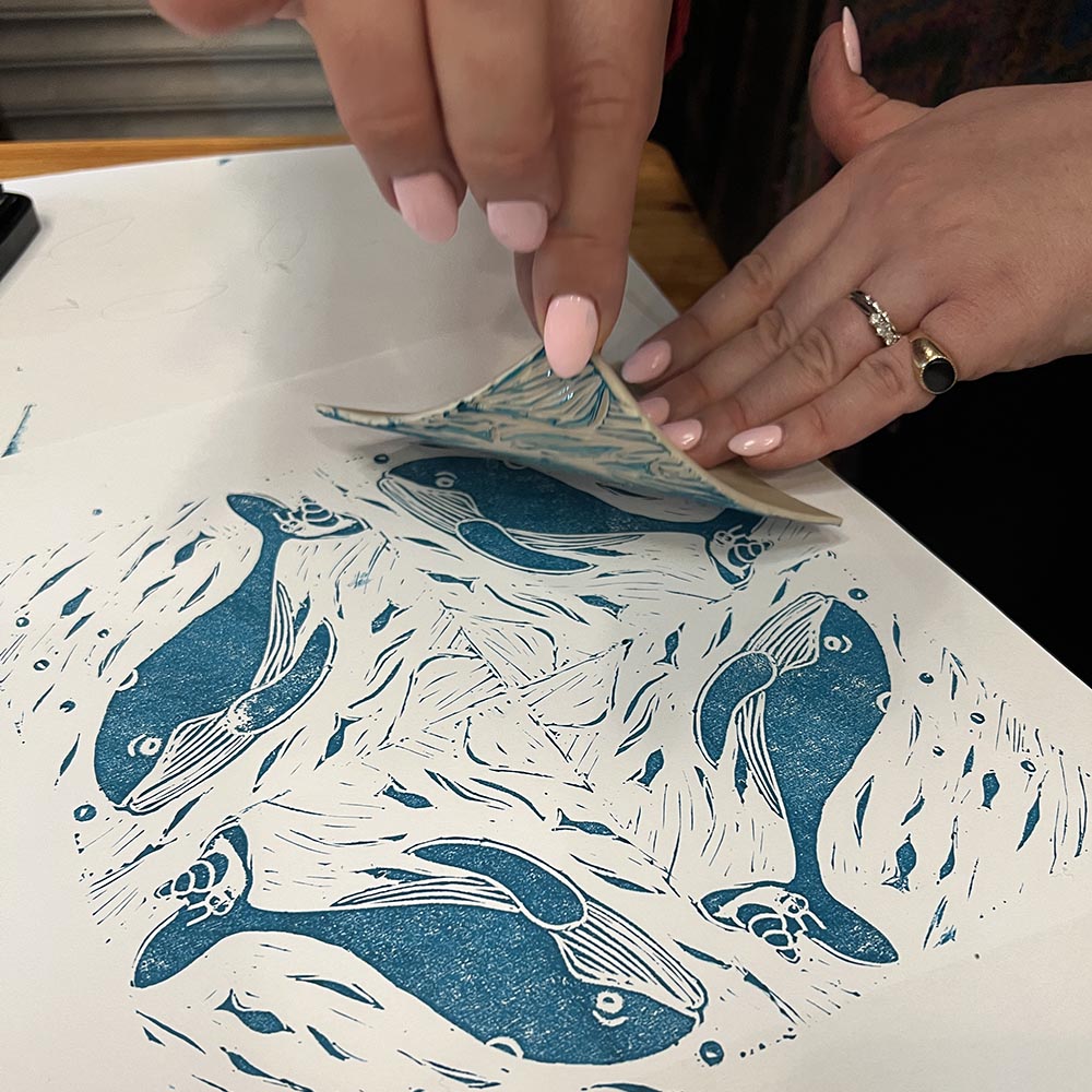 in the Shop Creative Intro to Lino Printing with a drink