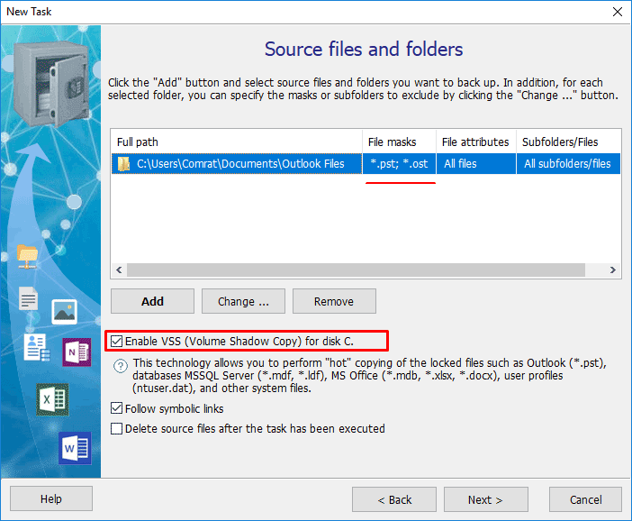 VSS Backup shadow copying of locked files such as Outlook (pst)
