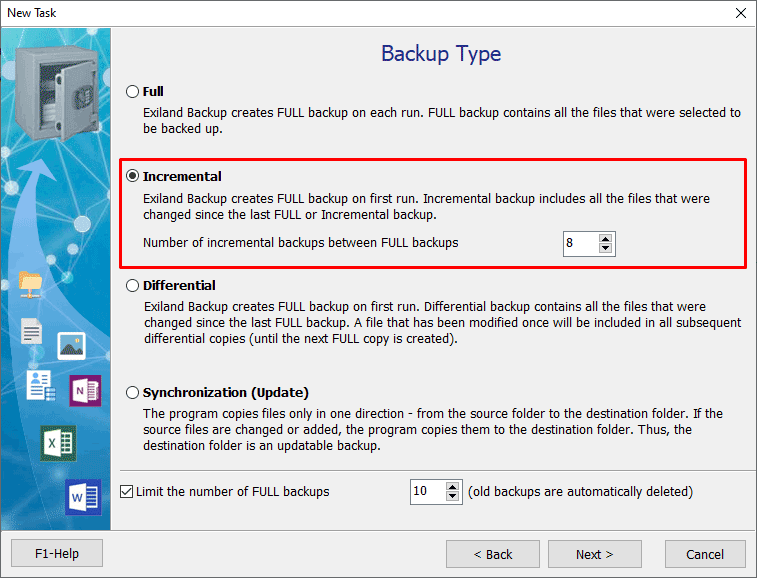 Incremental backup of files