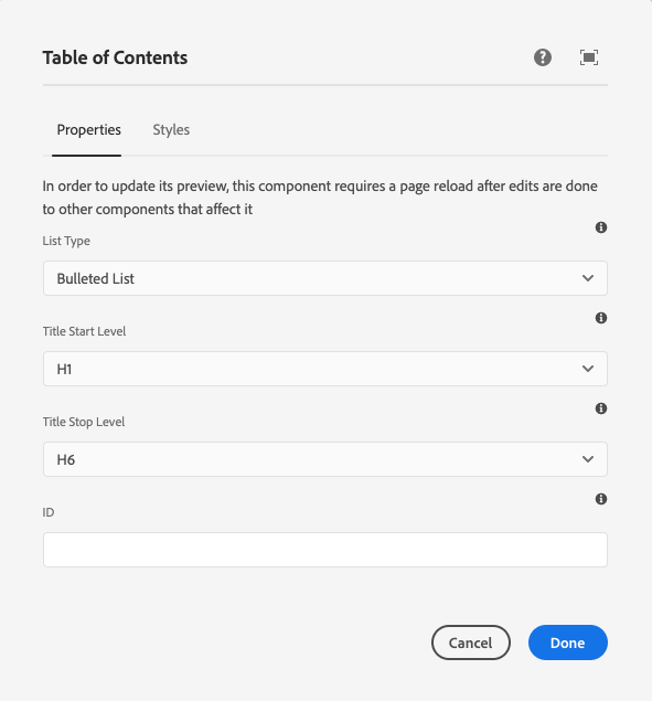 Table of Contents Component Adobe Experience Manager