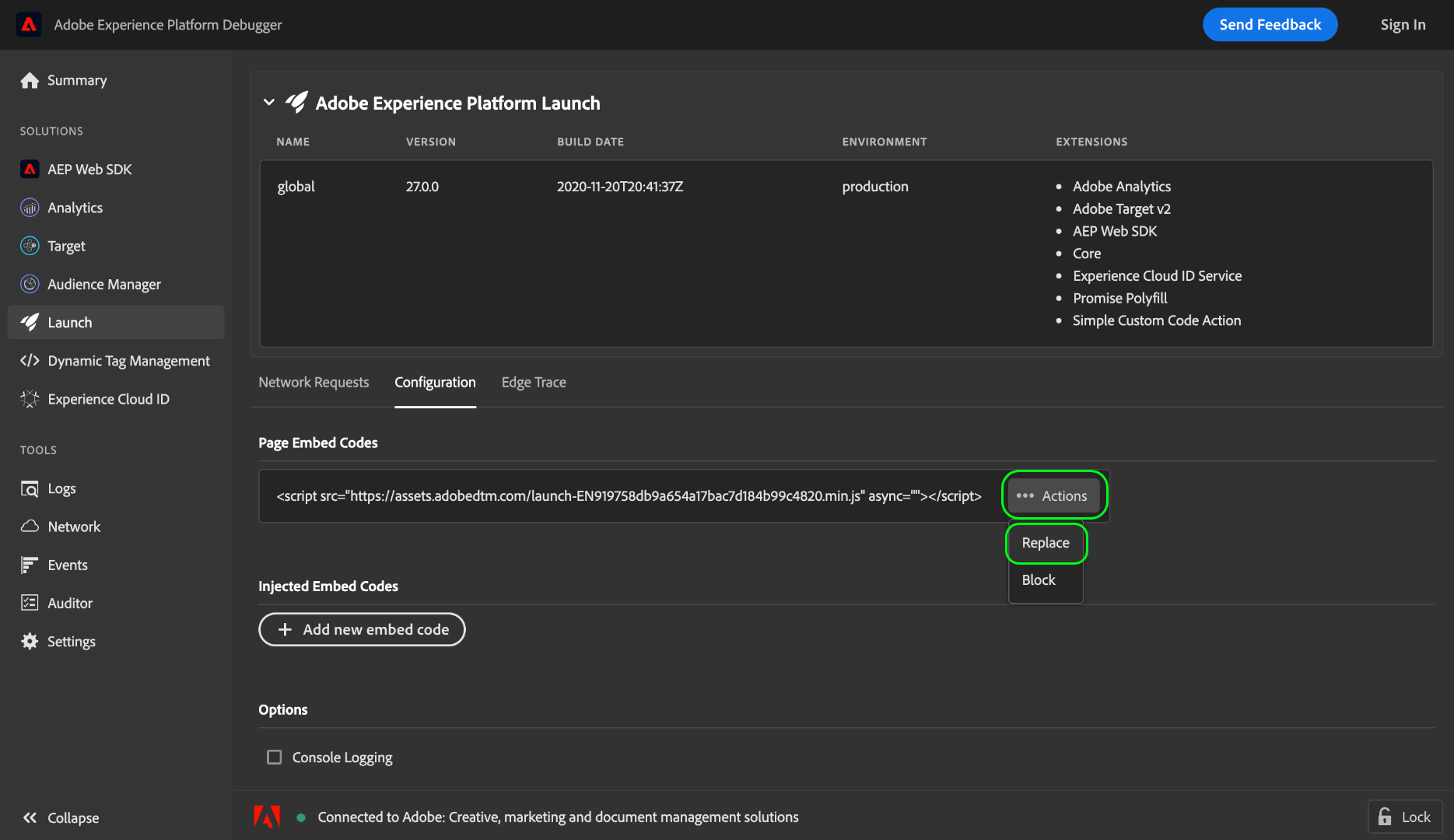 Test Embed Codes using Adobe Experience Platform Debugger Adobe