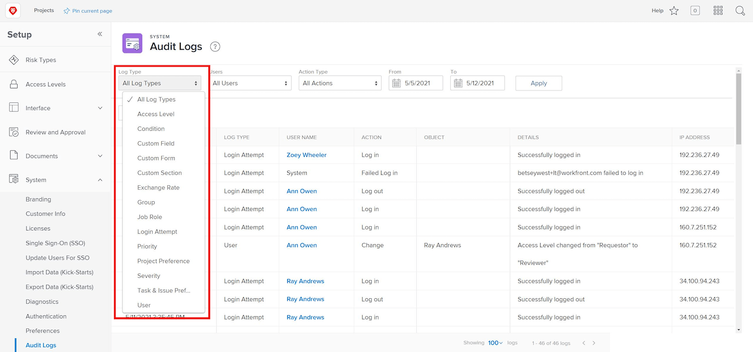 Understand the System Audit Log Adobe Workfront