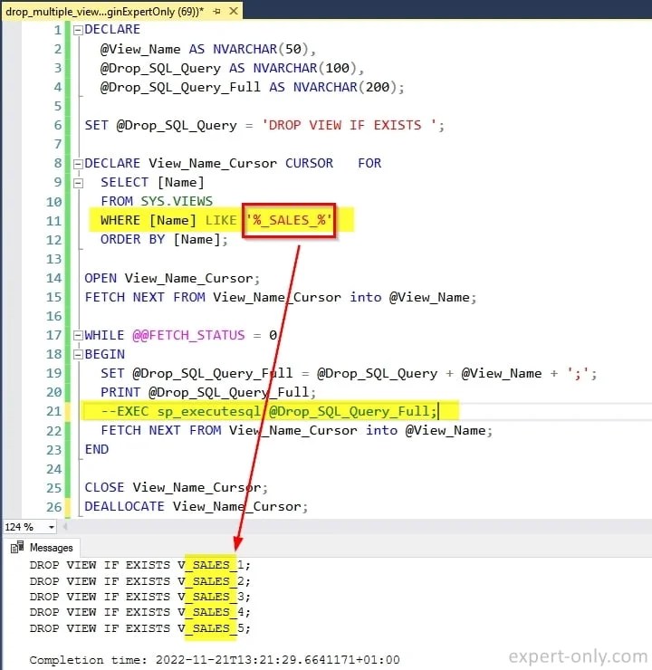 Test and drop a SQL Server view if it exists in the database TSQL