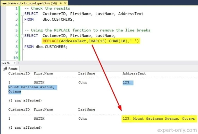 Insertar o eliminar saltos de línea en SQL Server cadena TSQL