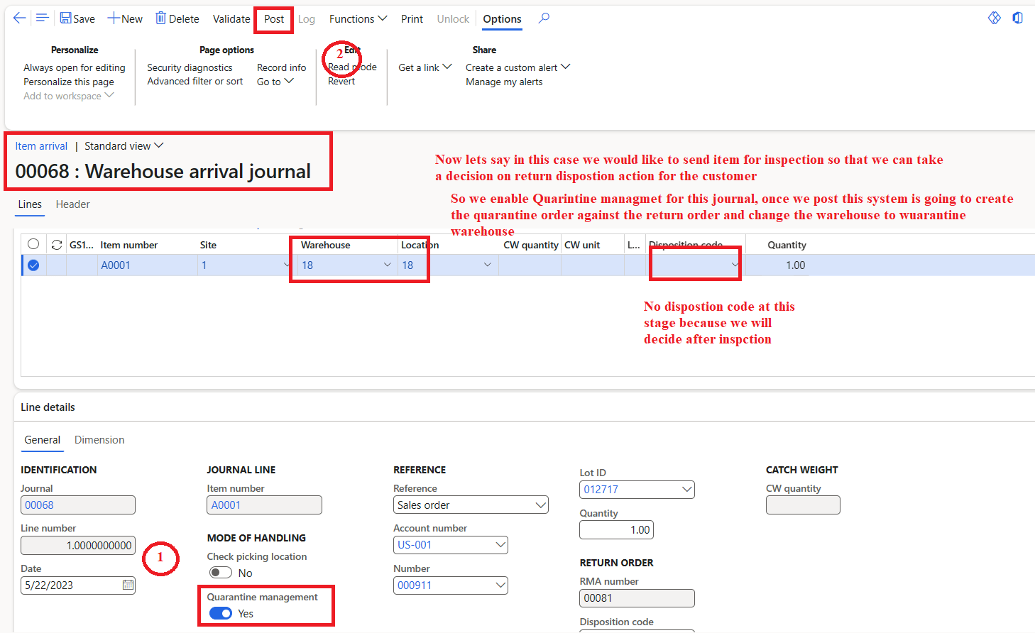 [Return to customer] Disposition code for sales return order in