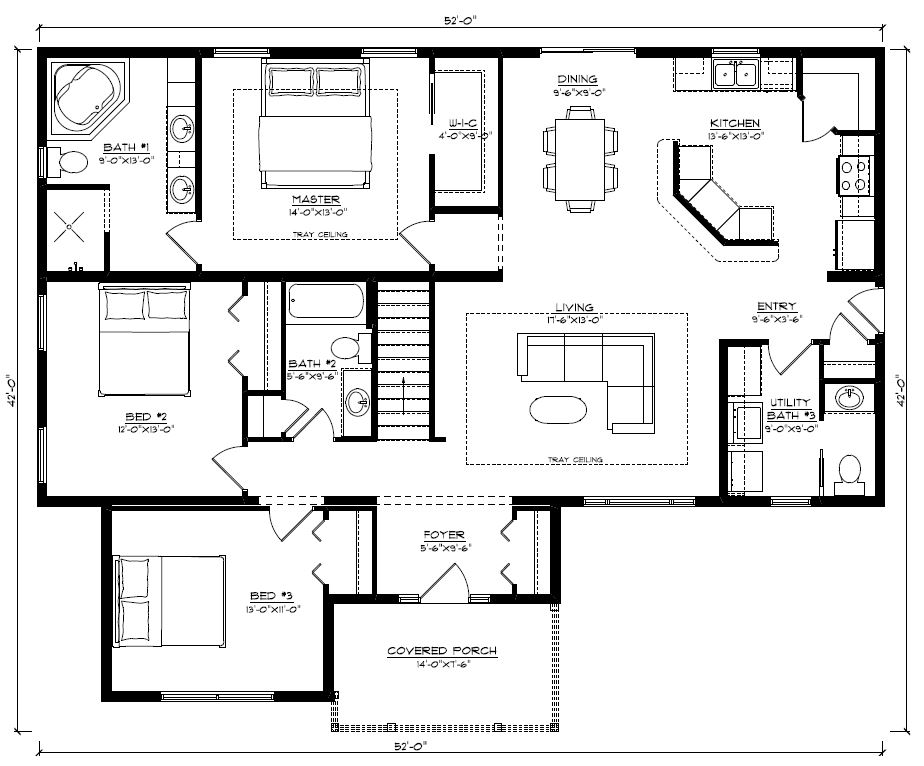 Roanoke 1820 Square Foot Ranch Floor Plan