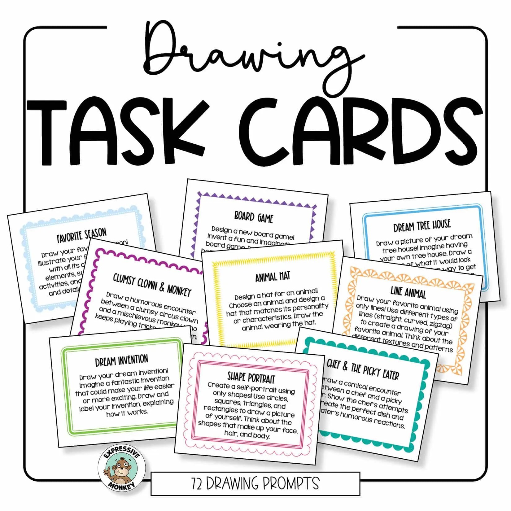 72 Drawing Prompts for Elementary Art • Drawing Task Cards Expressive