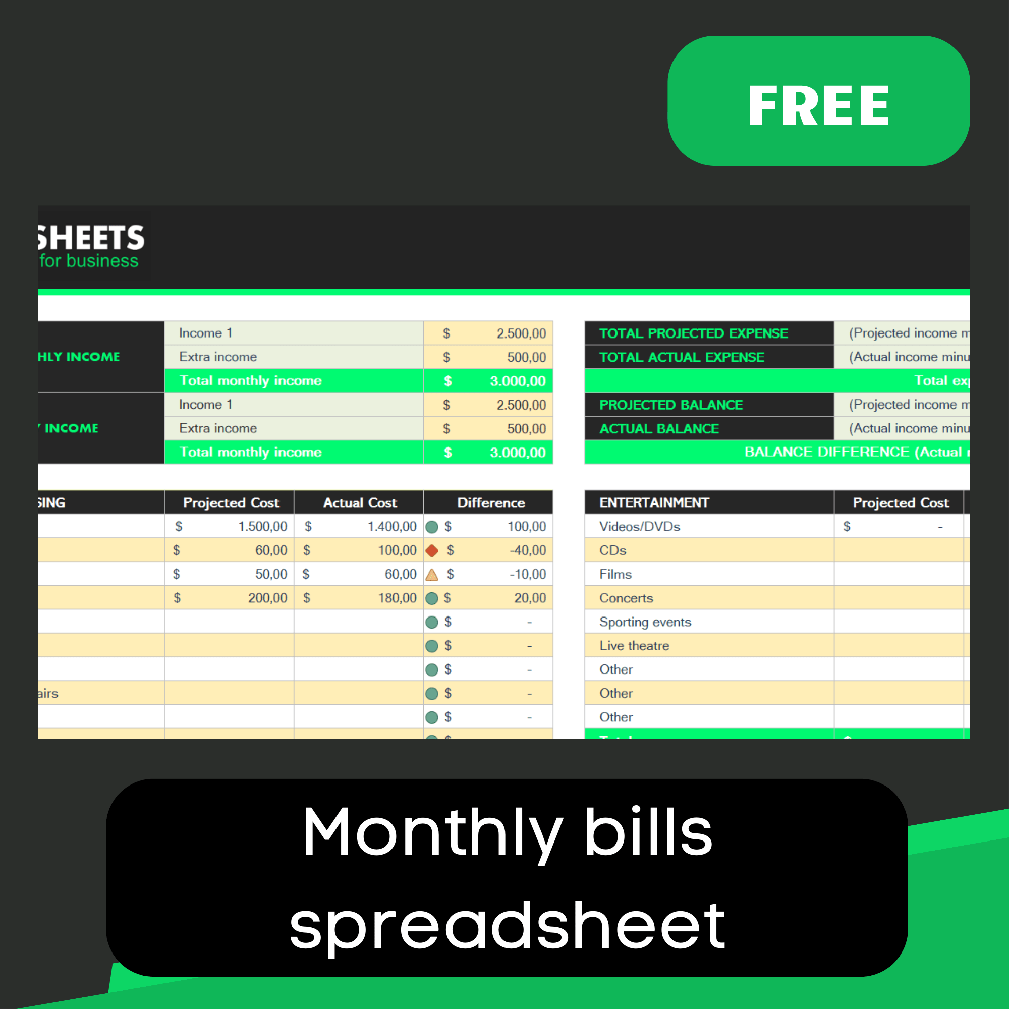 Monthly bills spreadsheet Exsheets