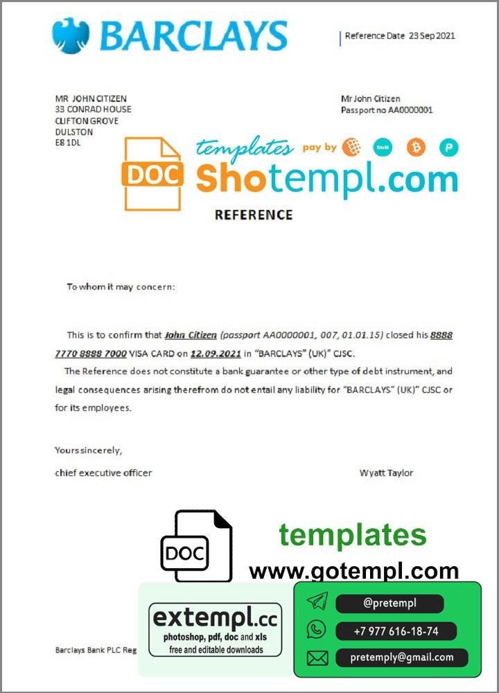 example United Kingdom Barclays bank account closure reference letter