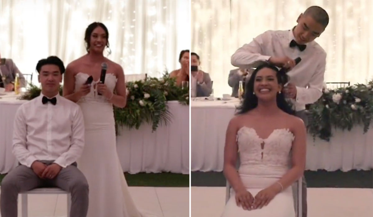 Watch Bride shaves head at wedding reception in solidarity with mother