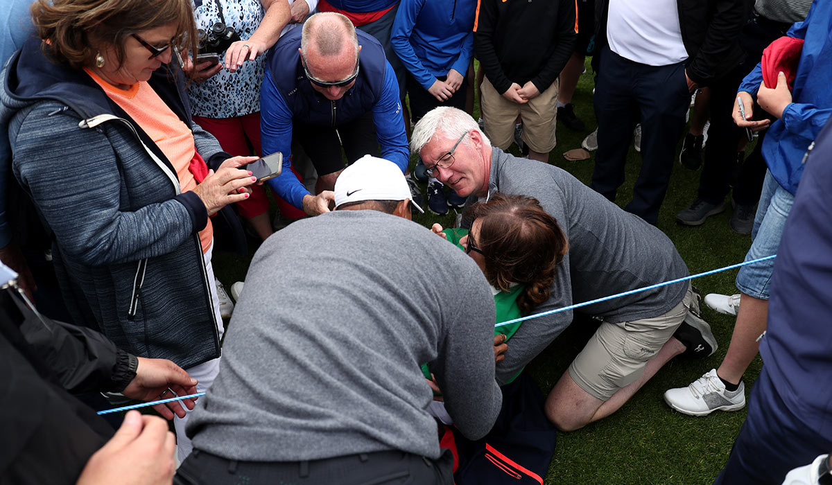 Watch Tiger Woods comes to aid of woman hit by ball at JP McManus ProAm Extra.ie