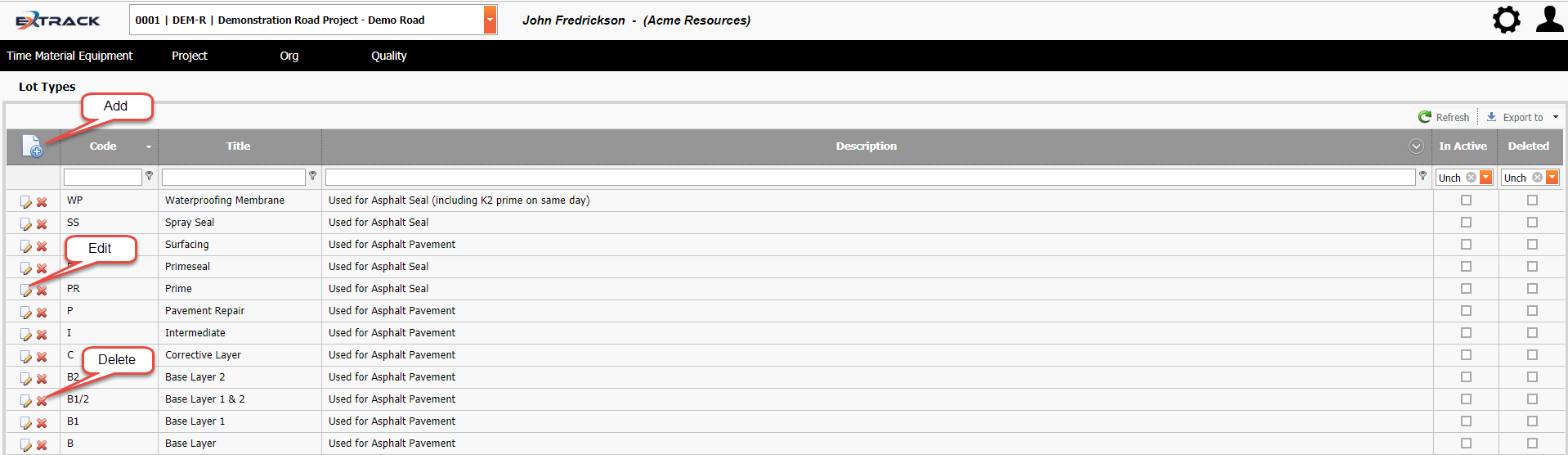 Quality Lot Lot Type ExTrack