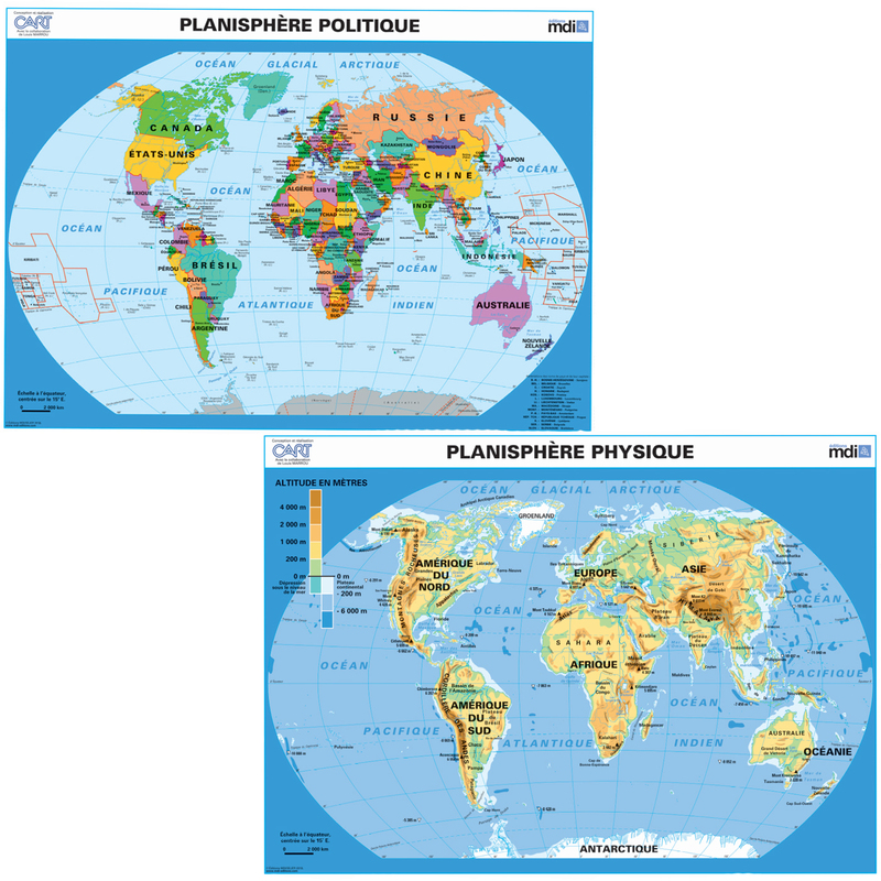 Carte murale Planisphère Relief Planisphère politique Éditions MDI