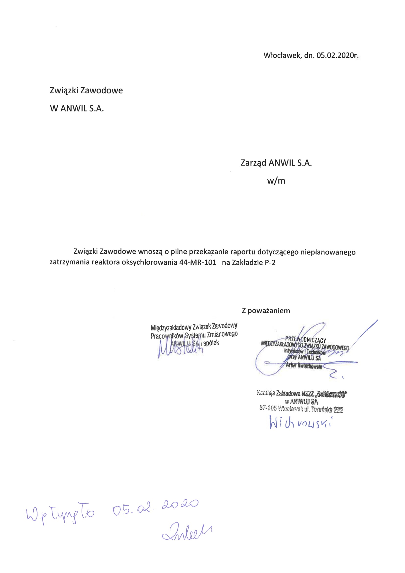Prośba o przekazanie raportu dot. zdarzenia na Zakładzie P2 Jesteś