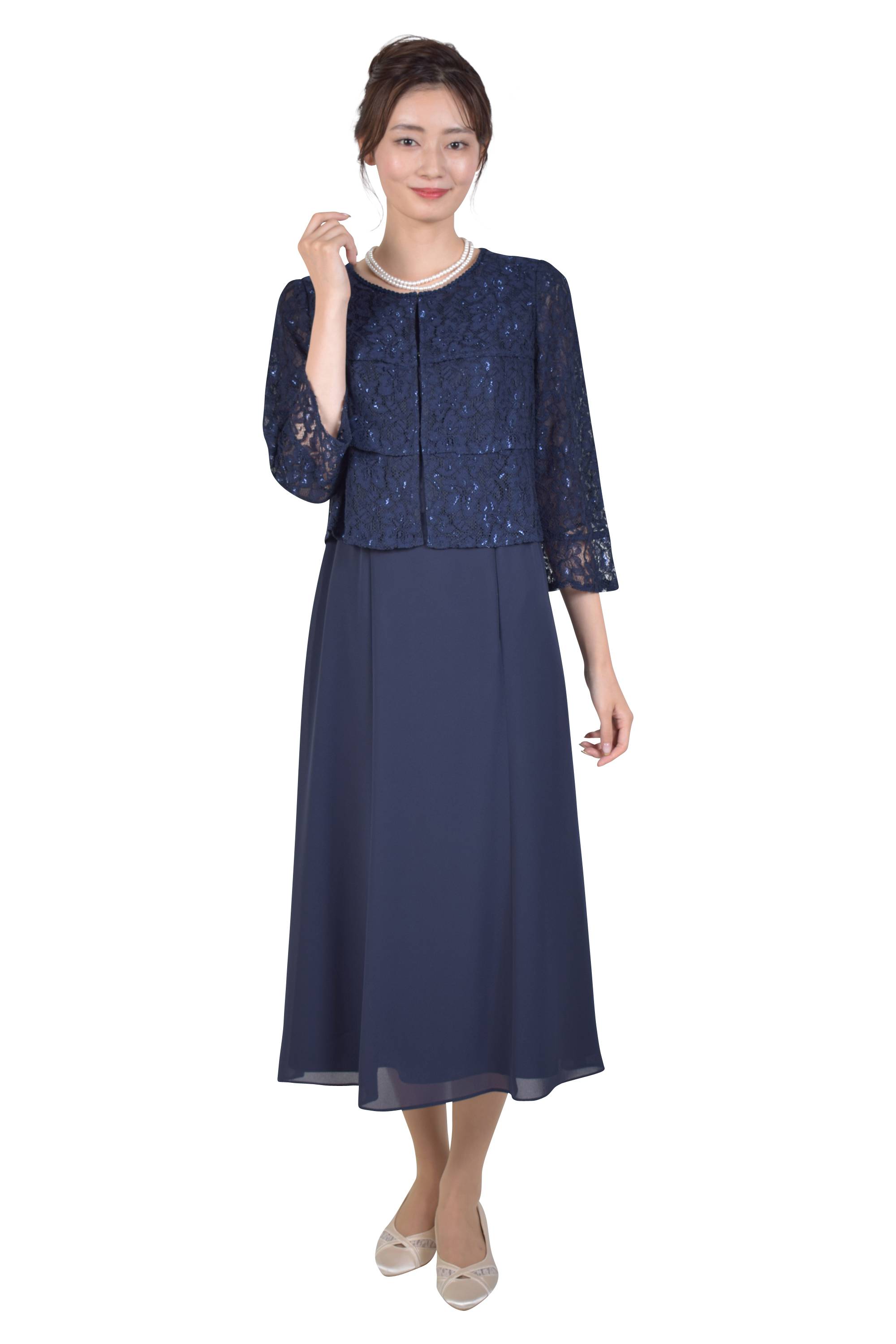 Apploberry 東京ソワール セットアップ風レースネイビードレス (LL) をレンタル 結婚式パーティーのドレスレンタルはおしゃれコンシャス