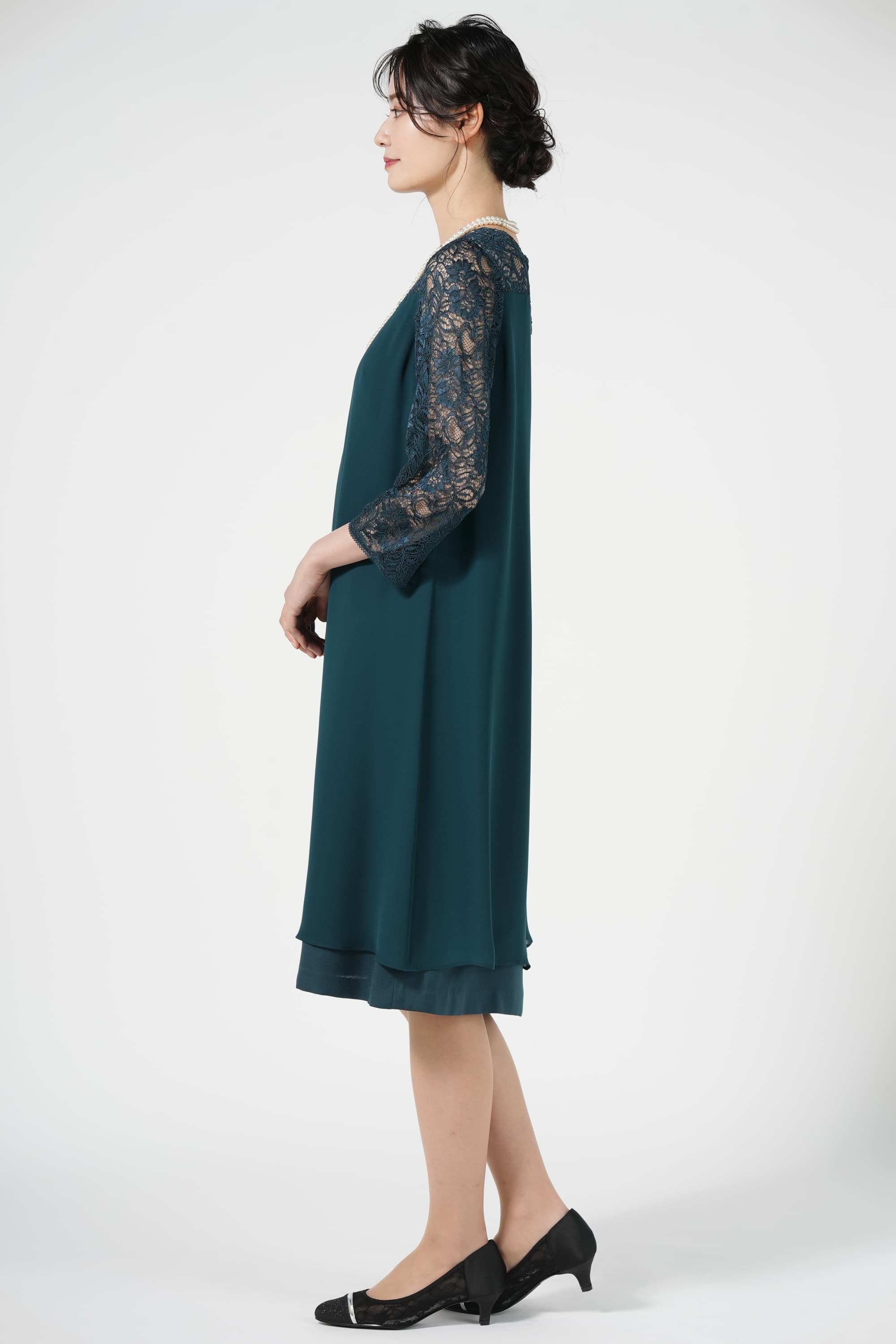 Apploberry 東京ソワール レース袖付きジョーゼットグリーンドレス (LL) をレンタル 結婚式パーティーのドレスレンタルは